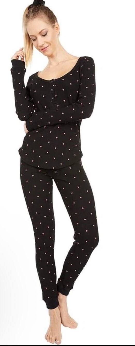 Revolve Plush Thermal Heart Pajama Scrunchie Set S Black Printed Cotton NWT